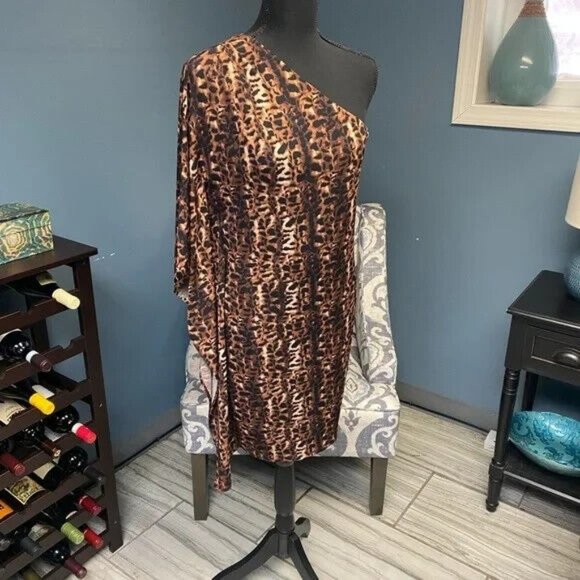 Calvin Klein Dress One Shoulder Leopard Print Mini Brown Black - Picture 2 of 15